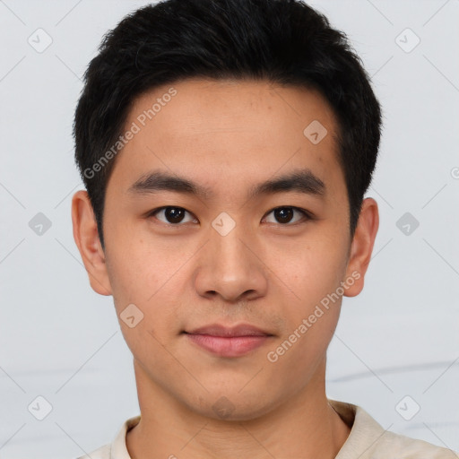 Neutral asian young-adult male with short  brown hair and brown eyes