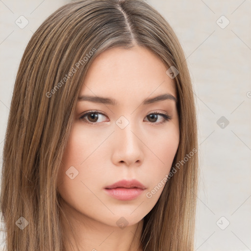 Neutral white young-adult female with long  brown hair and brown eyes