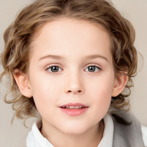 Joyful white child female with medium  brown hair and blue eyes