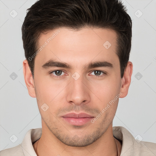 Neutral white young-adult male with short  brown hair and brown eyes