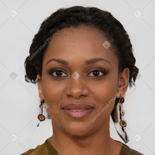 Joyful black young-adult female with medium  black hair and brown eyes