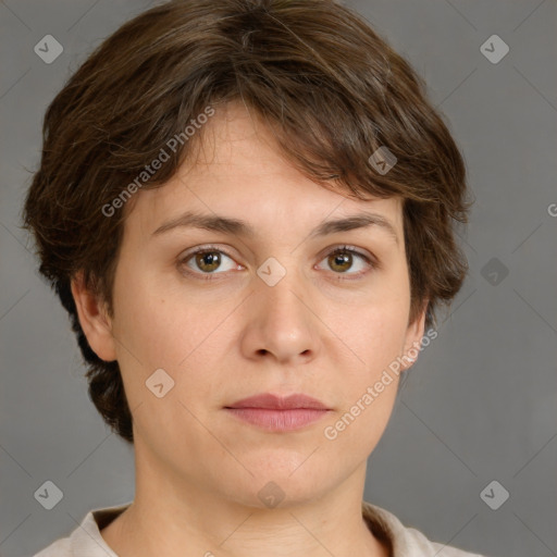 Joyful white young-adult female with medium  brown hair and green eyes