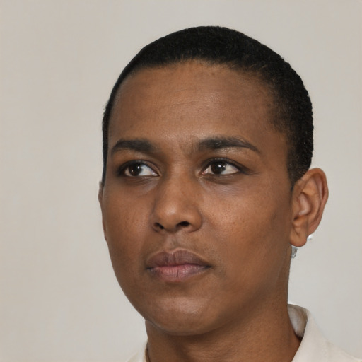 Neutral black adult male with short  black hair and brown eyes
