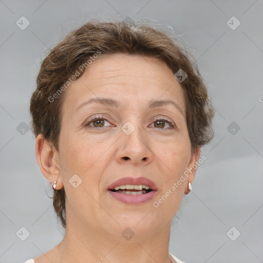 Joyful white adult female with short  brown hair and brown eyes