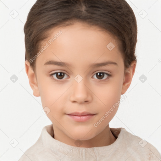 Joyful white child female with short  brown hair and brown eyes