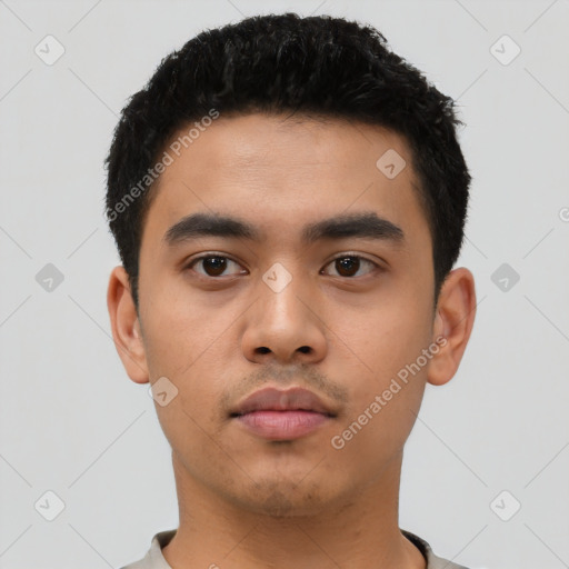 Neutral asian young-adult male with short  black hair and brown eyes