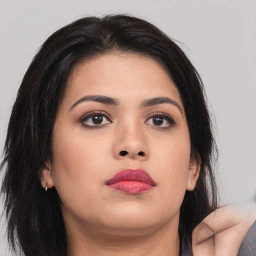 Neutral asian young-adult female with medium  black hair and brown eyes
