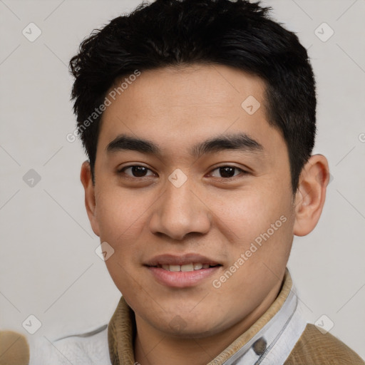 Joyful asian young-adult male with short  black hair and brown eyes