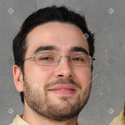 Neutral white young-adult male with short  brown hair and brown eyes