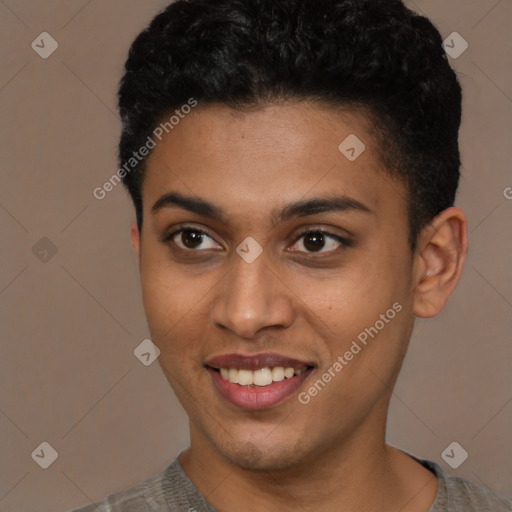 Joyful latino young-adult female with short  black hair and brown eyes