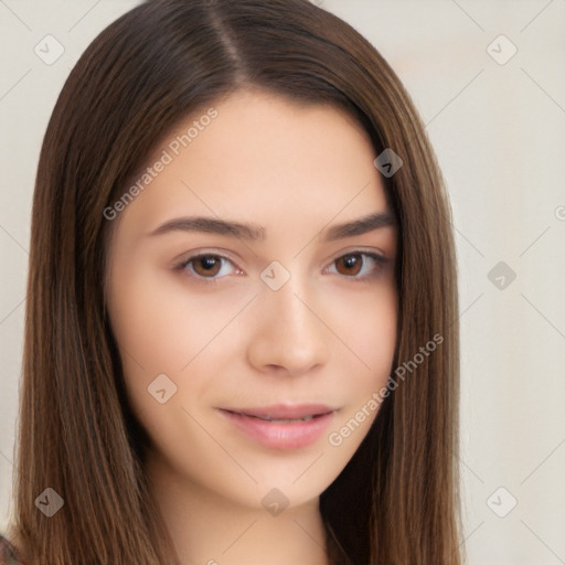 Neutral white young-adult female with long  brown hair and brown eyes