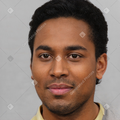Neutral black young-adult male with short  black hair and brown eyes