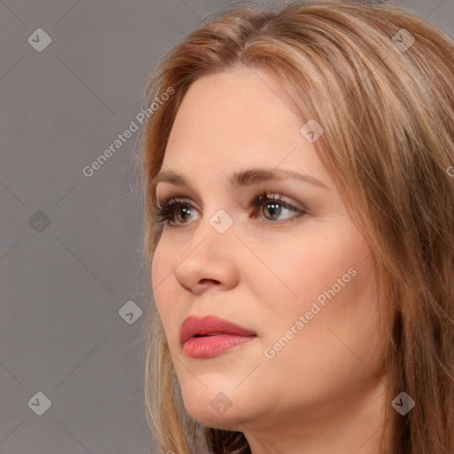 Neutral white young-adult female with long  brown hair and brown eyes