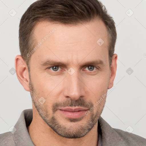 Neutral white adult male with short  brown hair and brown eyes