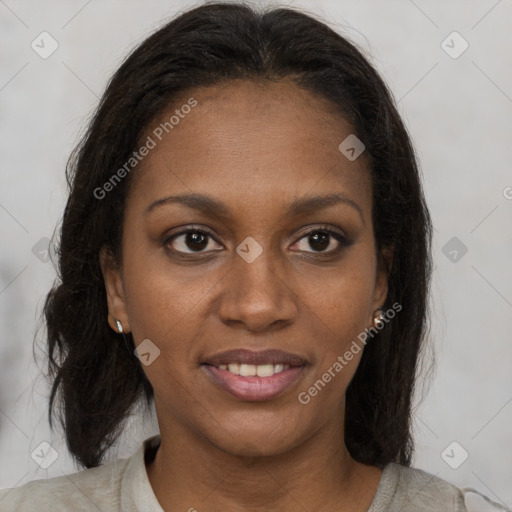 Joyful black young-adult female with medium  brown hair and brown eyes