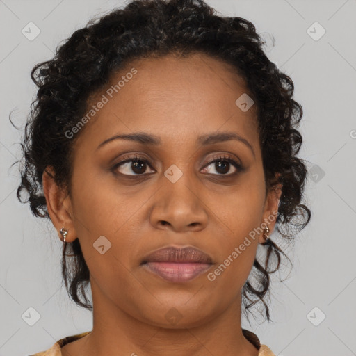 Joyful black adult female with medium  brown hair and brown eyes