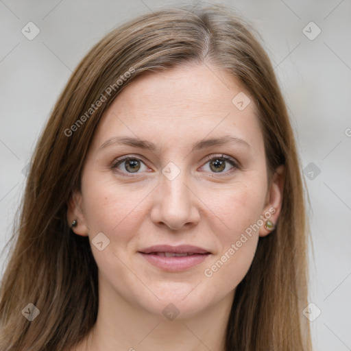 Joyful white young-adult female with long  brown hair and grey eyes