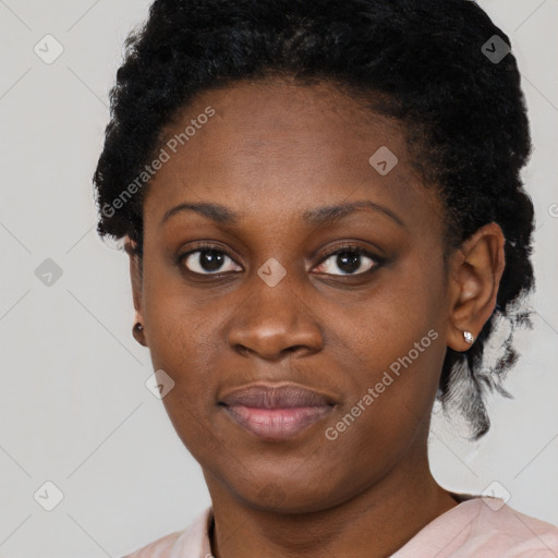 Neutral black young-adult female with short  black hair and brown eyes