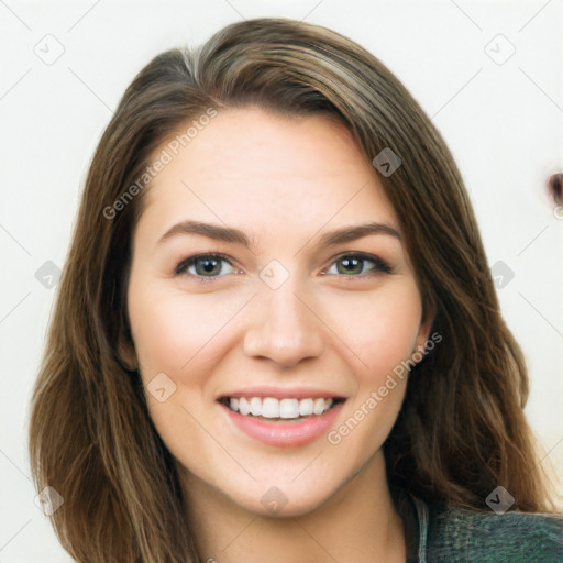 Joyful white young-adult female with long  brown hair and green eyes