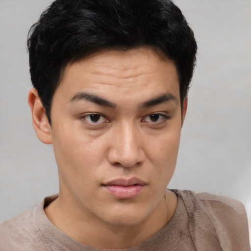 Neutral asian young-adult male with short  brown hair and brown eyes