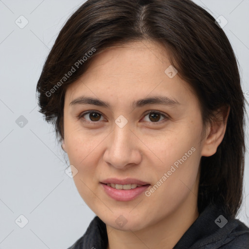 Joyful white young-adult female with medium  brown hair and brown eyes