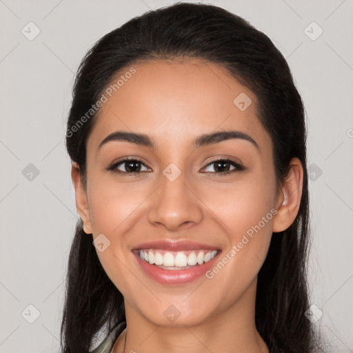 Joyful white young-adult female with long  brown hair and brown eyes