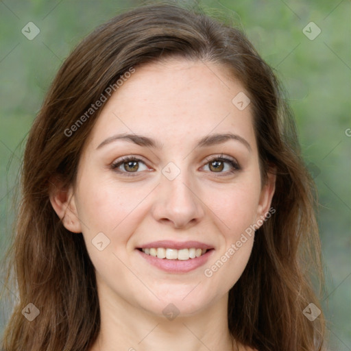 Joyful white young-adult female with long  brown hair and green eyes