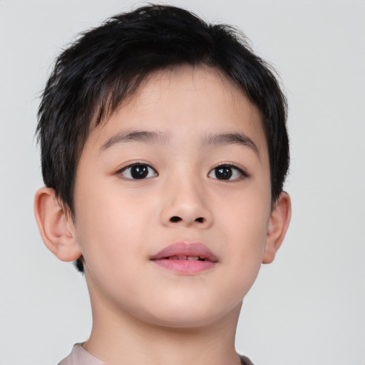 Joyful asian child male with short  brown hair and brown eyes