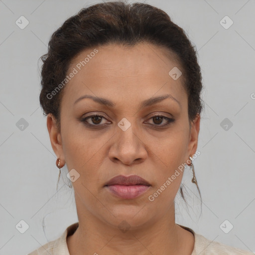 Joyful latino young-adult female with short  brown hair and brown eyes