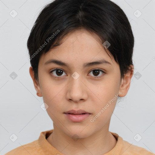 Neutral white young-adult female with short  brown hair and brown eyes