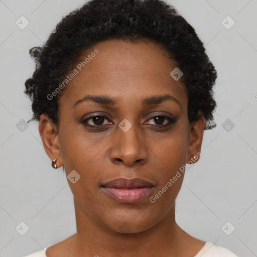 Neutral black young-adult female with short  black hair and brown eyes