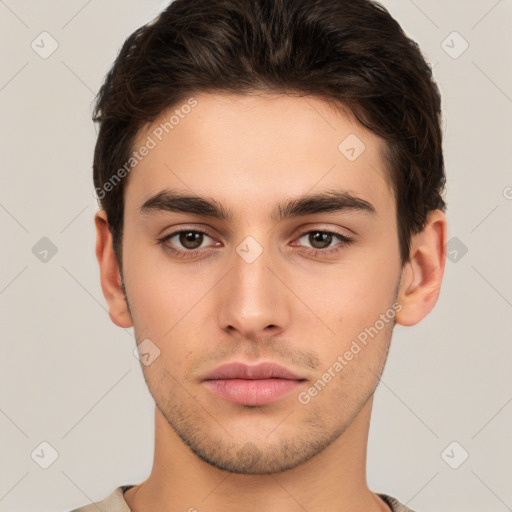 Neutral white young-adult male with short  brown hair and brown eyes