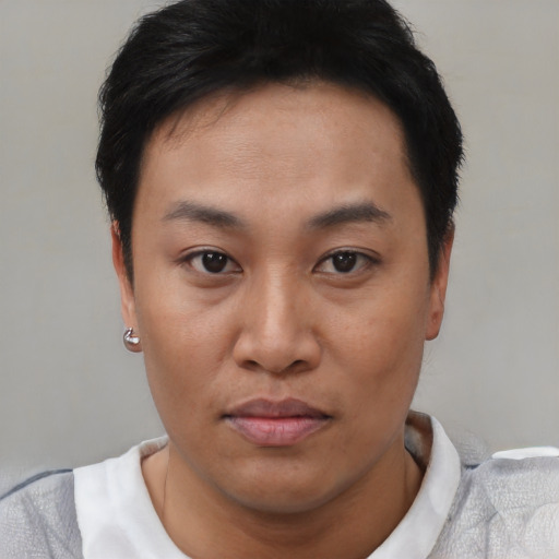 Joyful asian young-adult female with short  brown hair and brown eyes