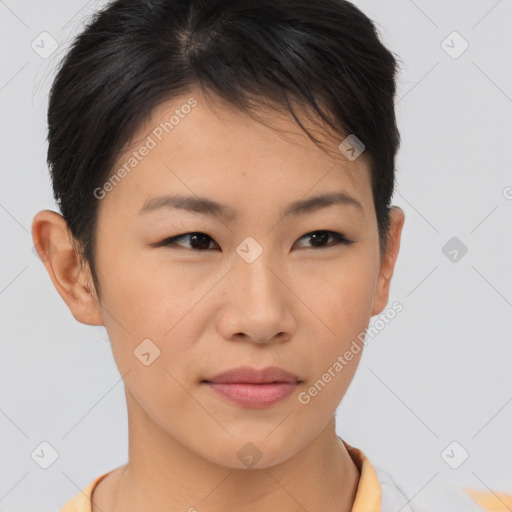 Joyful asian young-adult female with short  brown hair and brown eyes