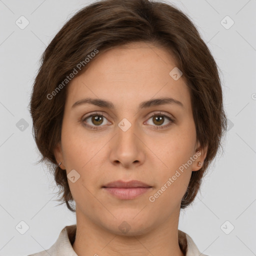 Neutral white young-adult female with short  brown hair and brown eyes