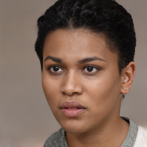 Neutral black young-adult female with short  black hair and brown eyes