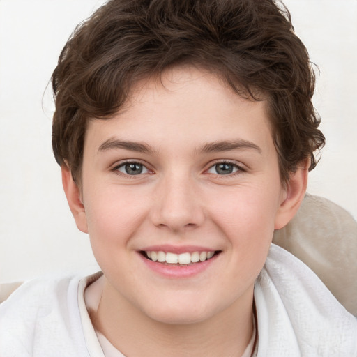 Joyful white child female with short  brown hair and brown eyes