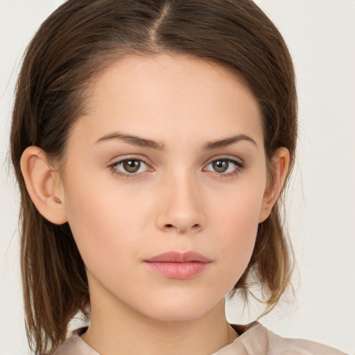 Neutral white young-adult female with medium  brown hair and brown eyes