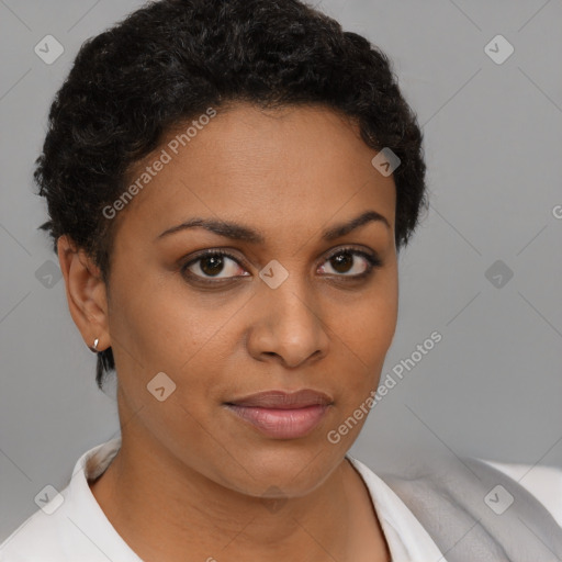 Joyful black young-adult female with short  brown hair and brown eyes