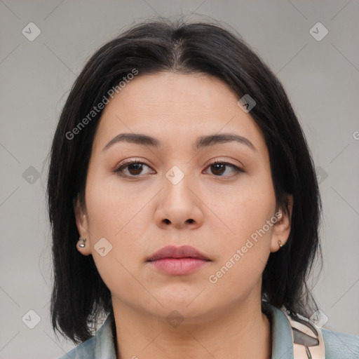 Neutral asian young-adult female with medium  black hair and brown eyes