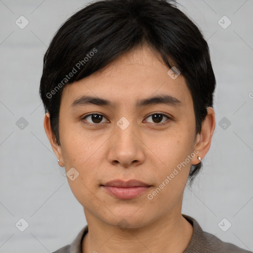 Neutral asian young-adult male with short  brown hair and brown eyes