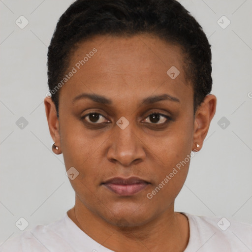 Neutral black young-adult female with short  black hair and brown eyes