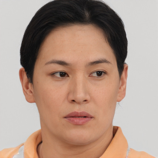 Neutral asian young-adult female with short  brown hair and brown eyes