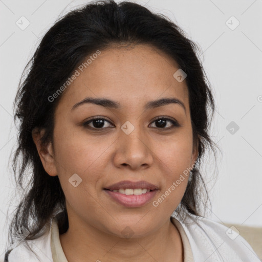 Joyful latino young-adult female with medium  brown hair and brown eyes