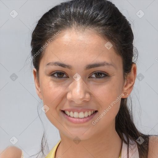 Joyful white young-adult female with medium  brown hair and brown eyes