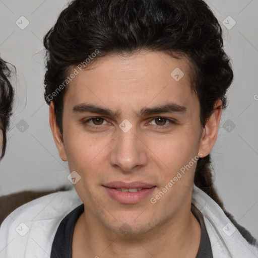 Joyful white young-adult male with medium  brown hair and brown eyes