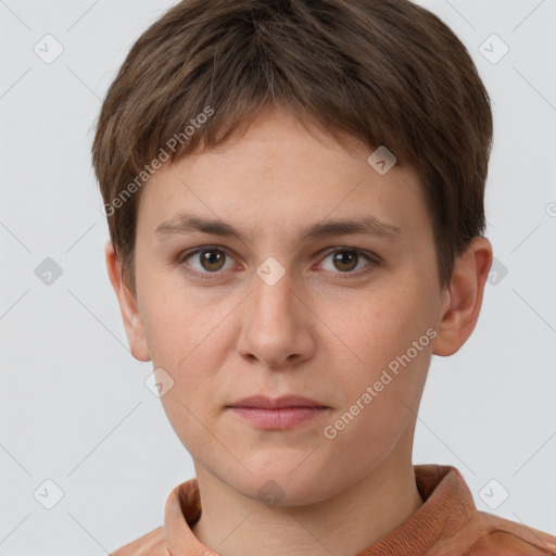 Neutral white young-adult female with short  brown hair and brown eyes