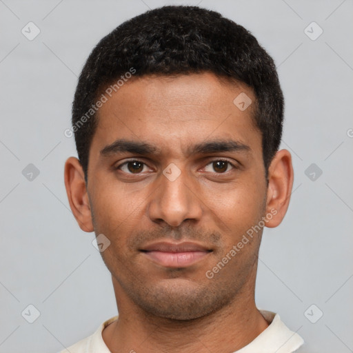 Neutral latino young-adult male with short  black hair and brown eyes