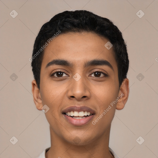 Joyful latino young-adult male with short  black hair and brown eyes