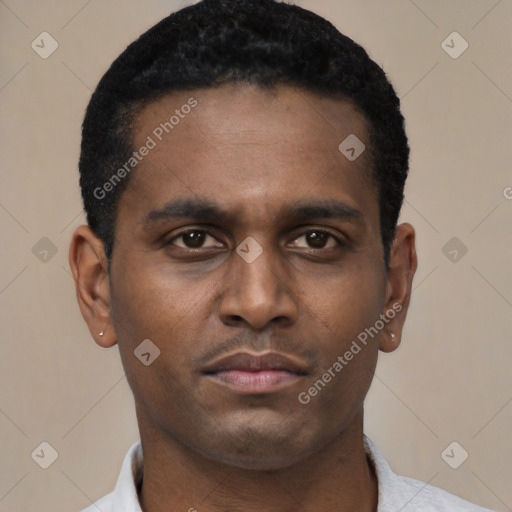Neutral black young-adult male with short  black hair and brown eyes